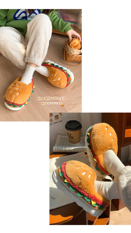 Hamburger cotton slippers for women in winter, new home bag and warm plush couple cotton shoes for women