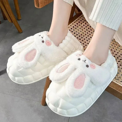 Women's Home Slippers Rabbit Fur Cotton Warm Anti-Slip Winter Outdoor Wearable Sweet Style Soft Cotton Lined House Shoes