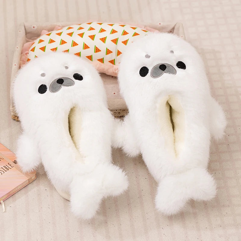Little Seal Fluffy Home Slippers Anti-Slip Indoor Floor Shoes Cartoon Cute Plush Thicken Warm Cotton Shoes