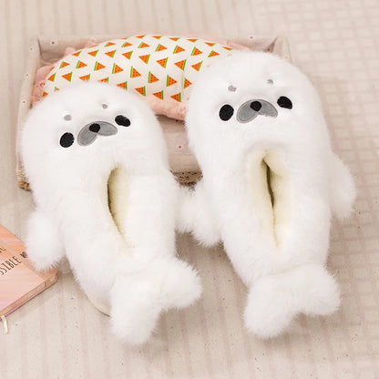 Little Seal Fluffy Home Slippers Anti-Slip Indoor Floor Shoes Cartoon Cute Plush Thicken Warm Cotton Shoes
