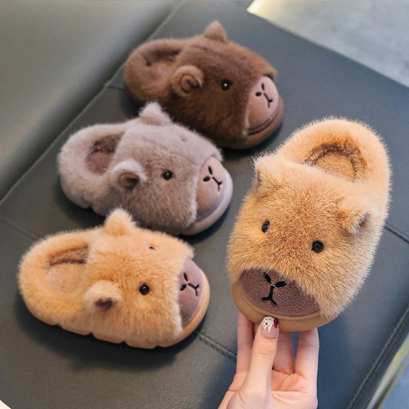 Cute Capybara Cotton Slippers for Children Winter 2025 New Warm Fluffy Home Shoes for Anti Slip Plush Slippers for Children