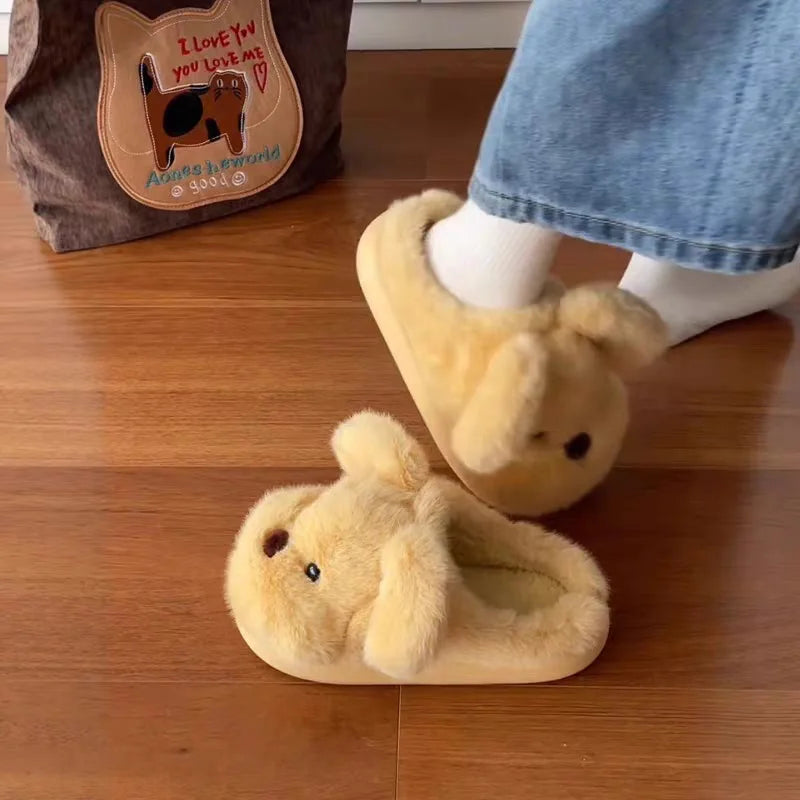 White fluffy dog slippers home cute animal girls flip flops woman home use floor mules warm winter plush puppy shoes