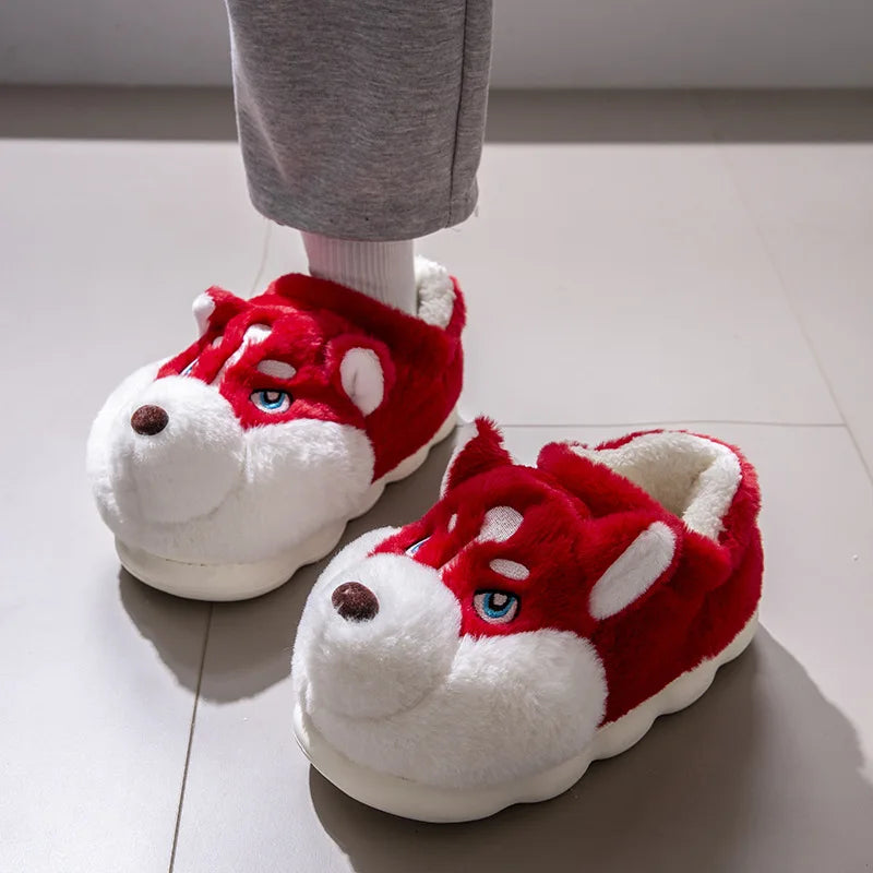 Men Home Cotton Slippers Cute Cartoon Dog Winter Warm Shoes For Couples Soft Plush Anti-slip Male Female Indoor Fluffy Slides