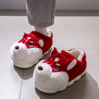 Men Home Cotton Slippers Cute Cartoon Dog Winter Warm Shoes For Couples Soft Plush Anti-slip Male Female Indoor Fluffy Slides
