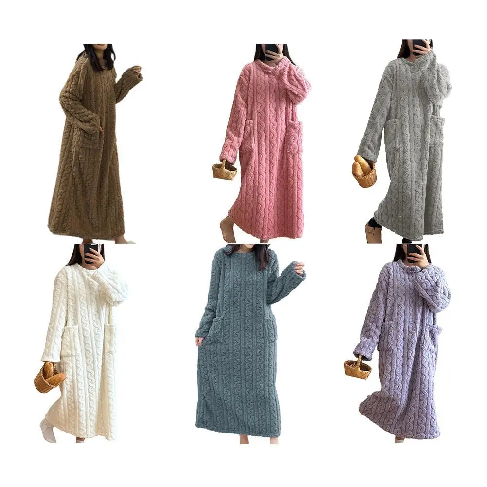 Winter Long Sleeve Flannel Nightgowns Women Loose Double Pocket Solid Sleepwear Jacquard Night Dress Thickened Warm Nightdress