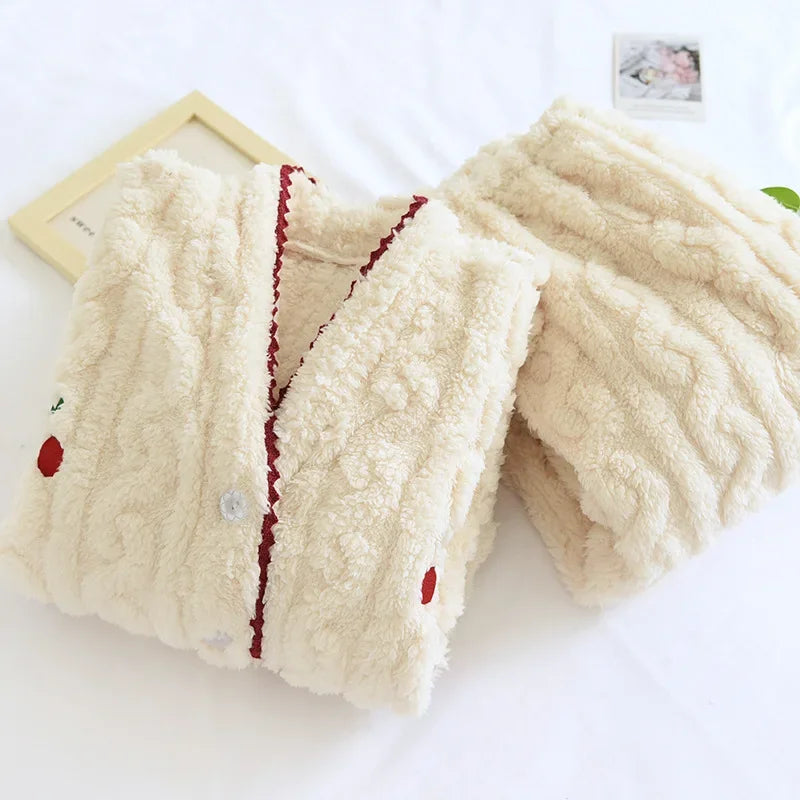 Thickened Flannel Sleepwear Set for Women Long Sleeve Long Pants Embroidered Home Clothes Soft Comfortable Winter Outfit