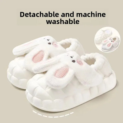Women's Home Slippers Rabbit Fur Cotton Warm Anti-Slip Winter Outdoor Wearable Sweet Style Soft Cotton Lined House Shoes