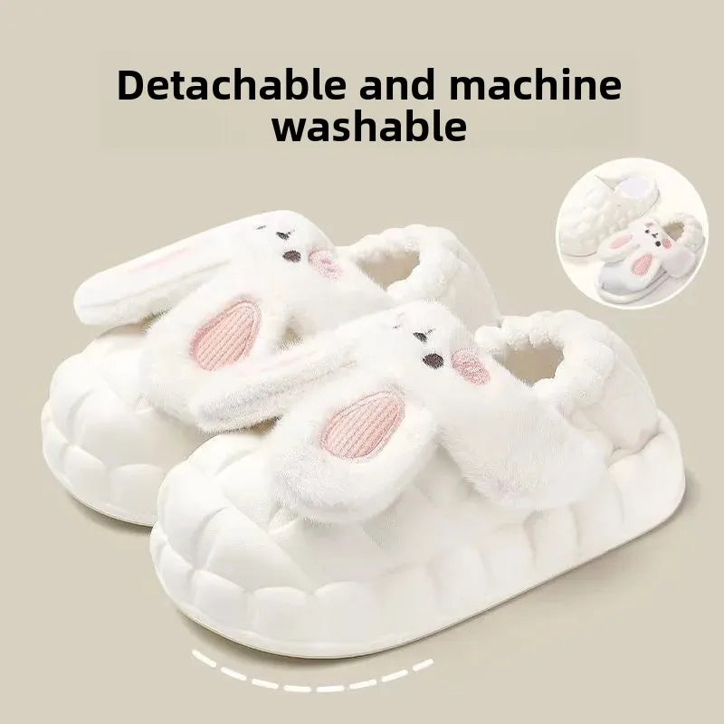 Women's Home Slippers Rabbit Fur Cotton Warm Anti-Slip Winter Outdoor Wearable Sweet Style Soft Cotton Lined House Shoes
