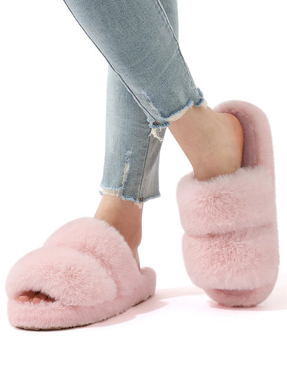Evshine New Open Toe Fluffy Slippers Indoor Warm Fur Female Slides Fashion Plush Women House Shoes Women Winter Fuzzy Slippers