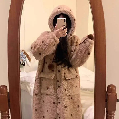 Korean Style Long Hooded Coral Fleece Sleepwear Women's Thickened Autumn Winter New Arrival Comfortable Home Leisure Robe