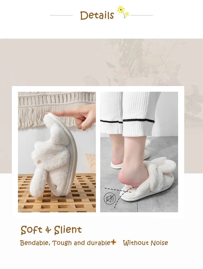 Women Winter Home Slippers Non-Slip Soft Warm House Shoes Men Ladies Indoor Bedroom Couples Cartoon Rabbit Bear Floor Slides