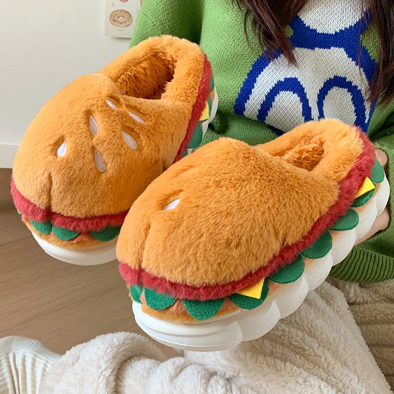 Hamburger cotton slippers for women in winter, new home bag and warm plush couple cotton shoes for women