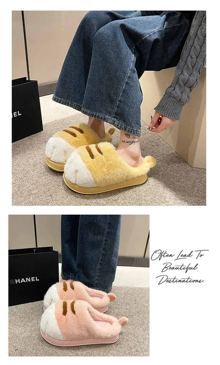 New Adorable Kitty Claw Slippers Women's Home Shoes Non Slip Furry Mules Female Fashion Warm Fluffy Slides Outdoor Cat Slippers