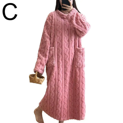 Winter Long Sleeve Flannel Nightgowns Women Loose Double Pocket Solid Sleepwear Jacquard Night Dress Thickened Warm Nightdress