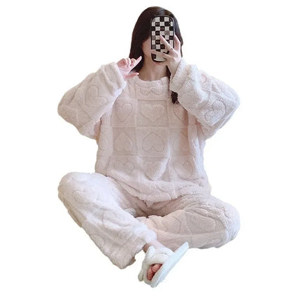 Women's Coral Fleece Sleepwear Loose Thick Home Clothes Autumn Winter New Style Warm Heart Set Outdoor Wear Fairy Style