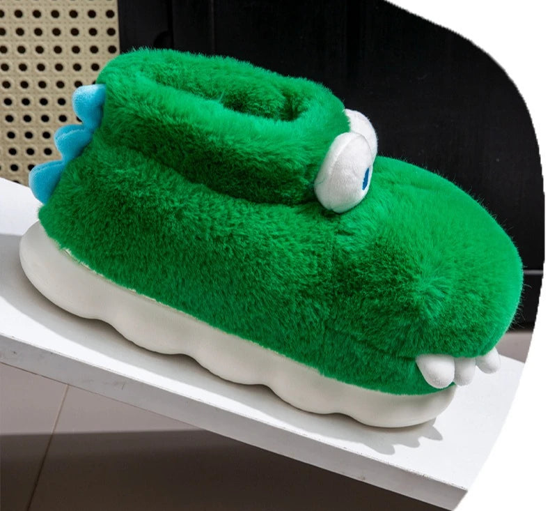 Winter Warm Shoes Woman Men Indoor Fluffy Slippers Cute Cartoon Crocodile Thick Sole Soft Plush Couples Home Floor Snow Boots
