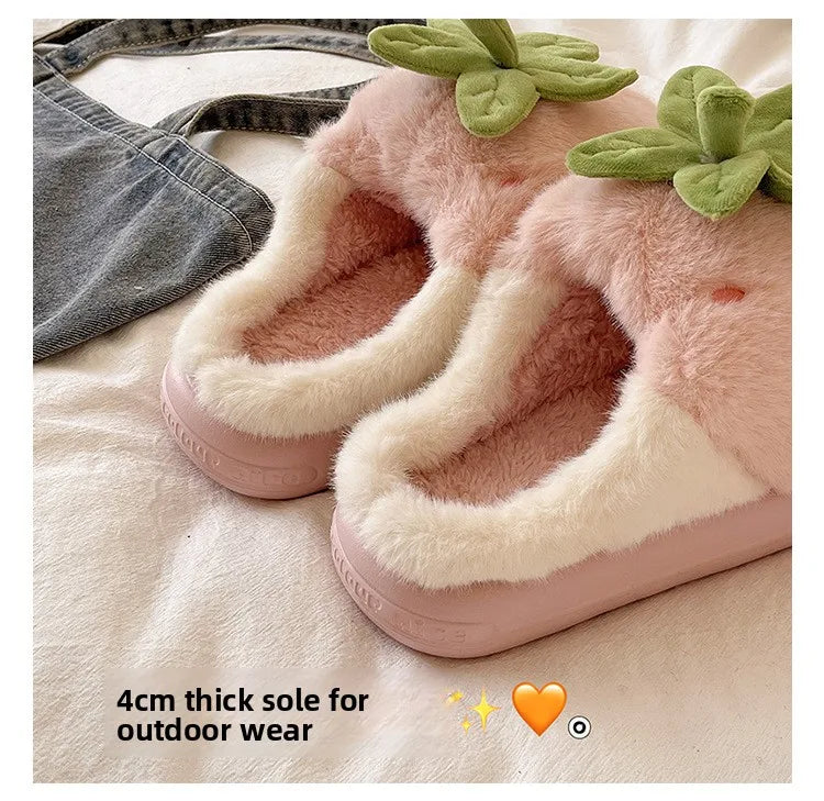 Cute Strawberry Fluffy Slippers Women's Indoor Home Warm Thick Bottom Anti-slip Outdoor Wearable Slip-On Indoor Slippers