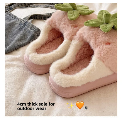 Cute Strawberry Fluffy Slippers Women's Indoor Home Warm Thick Bottom Anti-slip Outdoor Wearable Slip-On Indoor Slippers