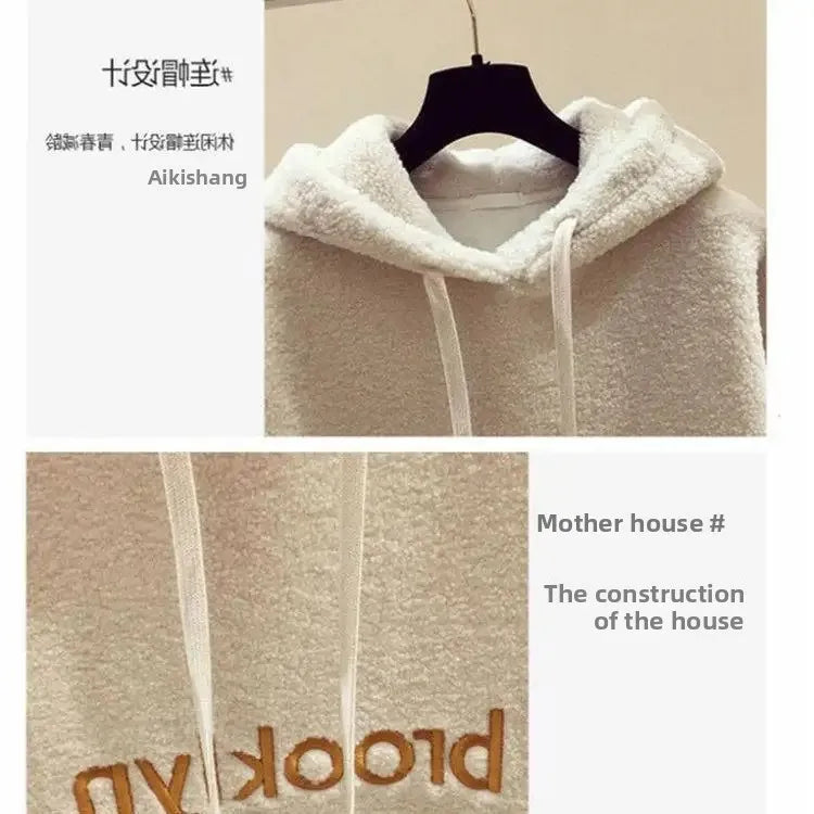 Thickened Lamb Velvet Set Women's Autumn Winter New Embroidery Sweatshirt Women's + Wool Wide Leg Pants Women Two Piece Set