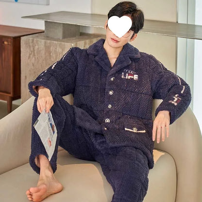 2025 Autumn Winter Coral Fleece Thickened Flannel Sleepwear Home Clothes Set for Men Breathable Long Sleeve Long Pants Pajamas