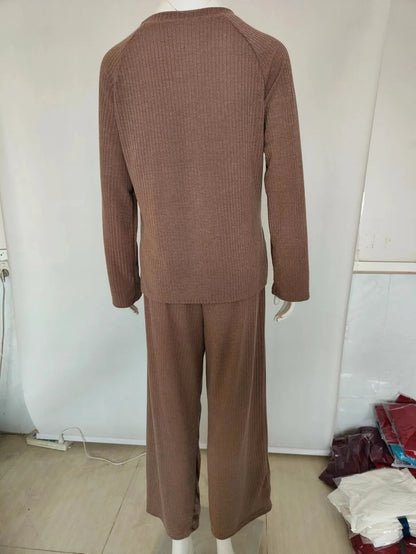 Autumn/winter Fashion Casual O-Neck Pullover Tops Knitted Pant New Homewear Pajama Winter Solid Women Two Piece Set Homewear