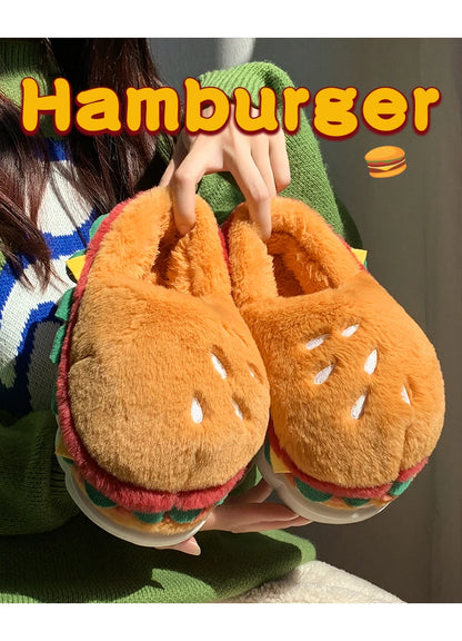 Hamburger cotton slippers for women in winter, new home bag and warm plush couple cotton shoes for women