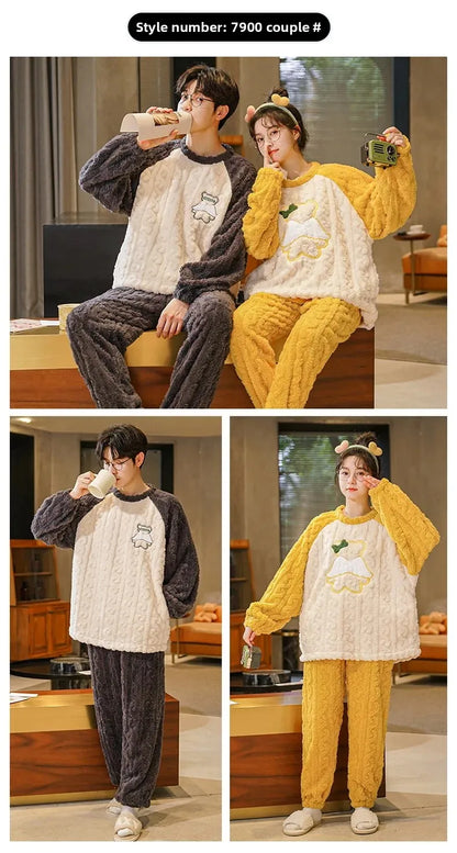 Thickened Coral Fleece Long Sleeve Sleepwear for Couples Spring Autumn Winter Flannel Warm Home Clothes Men Women Winter Home Py