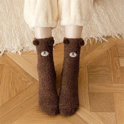 6 pairs of autumn winter coral fleece socks warm bear thick embroidery cartoon simple  comfortable mid tube socks