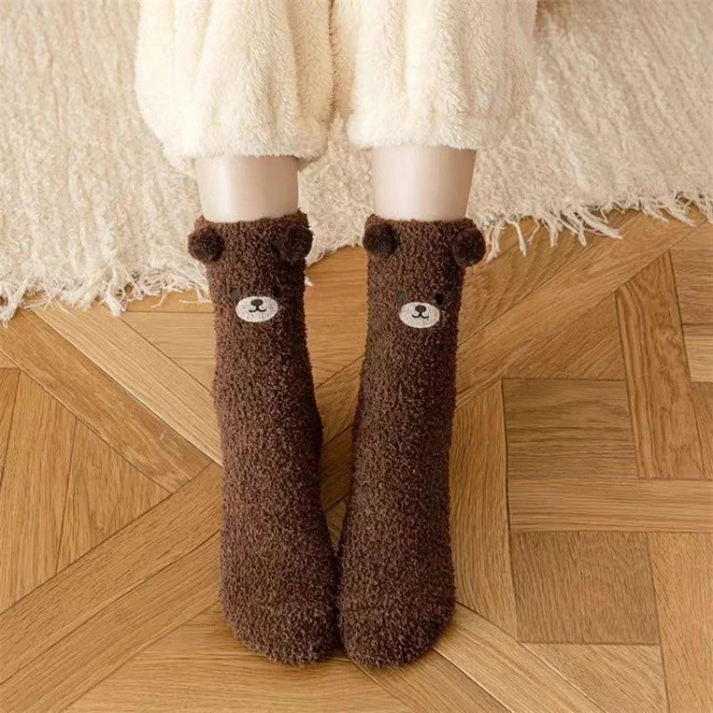 6 pairs of autumn winter coral fleece socks warm bear thick embroidery cartoon simple  comfortable mid tube socks