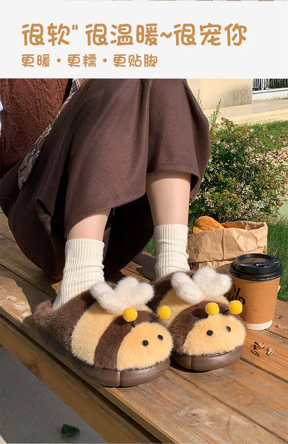 Cute Bee Winter Home Plush Slippers Women's Cotton Slippers Low Heel Soft Bottom Home Shoes Anti-slip Furry Comfortable Footwear