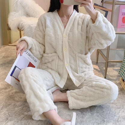 Winter Plush Fleece Thickened Flannel Sleepwear Set Women's Home Clothes Warm Cozy Breathable Long Sleeve Long Pants Home Lei...