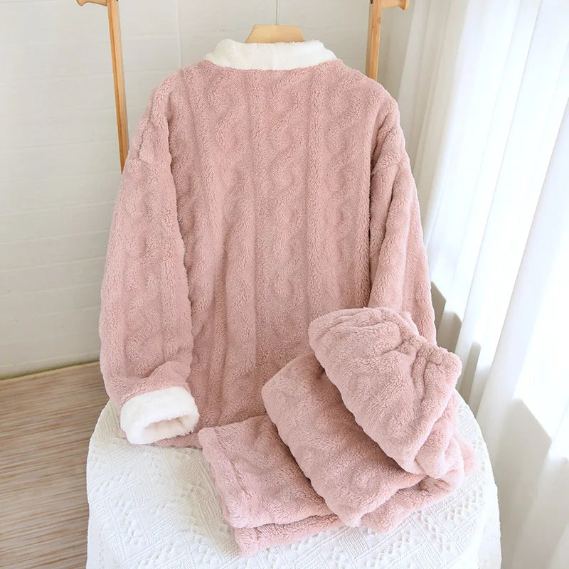 Thickened Flannel V-Neck Couple Sleepwear Long Sleeve Home Clothes Set for Autumn Winter Warm Polyester Fiber Open Cardigan