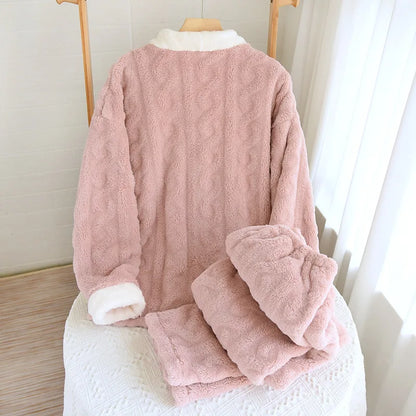 Thickened Flannel V-Neck Couple Sleepwear Long Sleeve Home Clothes Set for Autumn Winter Warm Polyester Fiber Open Cardigan