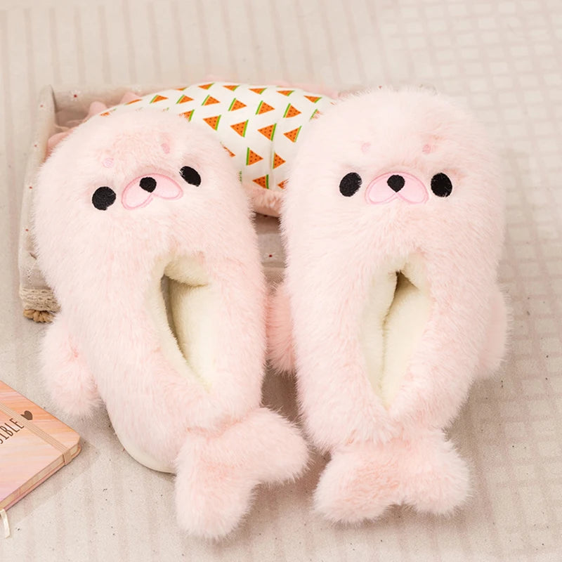 Little Seal Fluffy Home Slippers Anti-Slip Indoor Floor Shoes Cartoon Cute Plush Thicken Warm Cotton Shoes