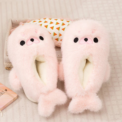Little Seal Fluffy Home Slippers Anti-Slip Indoor Floor Shoes Cartoon Cute Plush Thicken Warm Cotton Shoes
