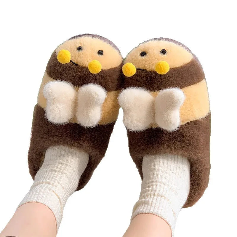 Cute Bee Winter Home Plush Slippers Women's Cotton Slippers Low Heel Soft Bottom Home Shoes Anti-slip Furry Comfortable Footwear