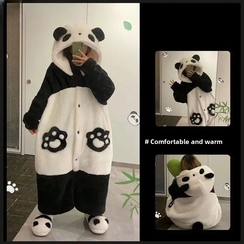 Cute Plush Bear Robe Women's Autumn Winter Coral Fleece Thickened One-Piece Sleepwear Home Clothes Robe Comfortable Homewear