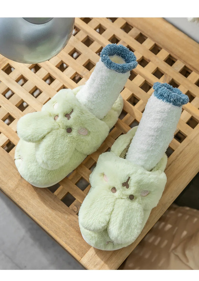 Women Winter Home Slippers Non-Slip Soft Warm House Shoes Men Ladies Indoor Bedroom Couples Cartoon Rabbit Bear Floor Slides