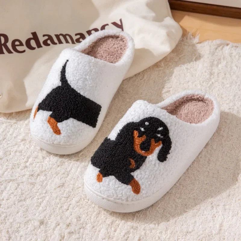 Pet Pattern Dachshund Embroidery Stuffed Home Thick Sole Plaid Furry Cotton Slippers Warm Non-slip Indoor Slippers Pet Mom Gift