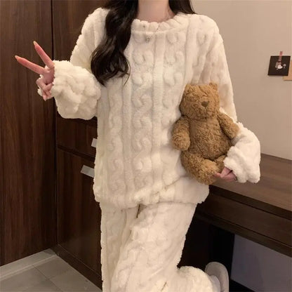 Autumn Winter Sweet Coral Fleece Pajamas Women Fleece-lined Thickened 2025 New Zip-up Flannel Warm Home Wear Set