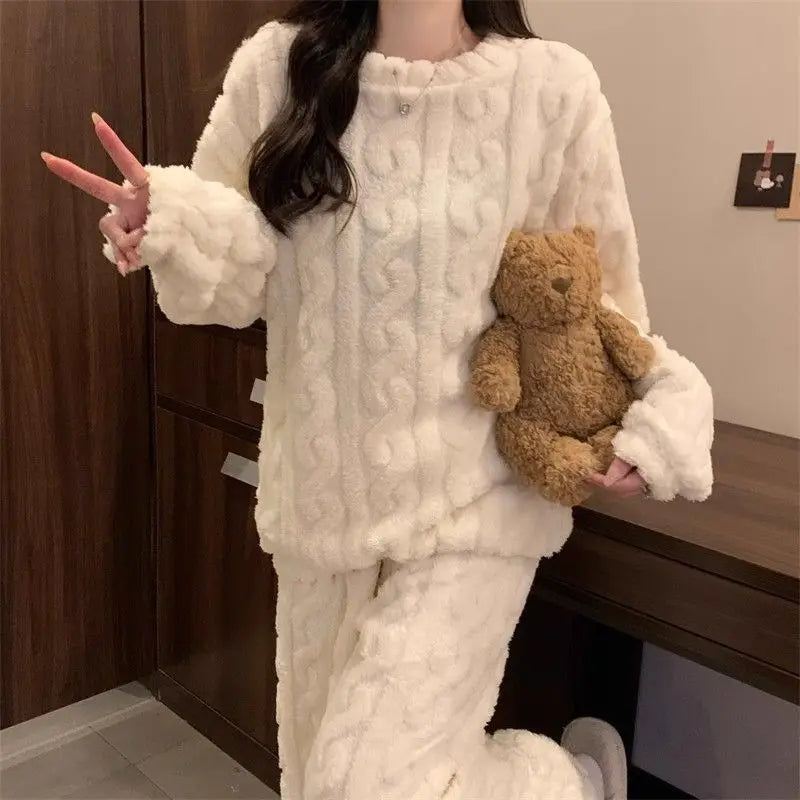 Autumn Winter Sweet Coral Fleece Pajamas Women Fleece-lined Thickened 2025 New Zip-up Flannel Warm Home Wear Set