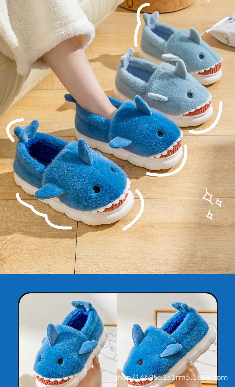 Warm Anti-Slip Plush Slippers Shark Style Women's Winter Home Wear Outdoor Fashionable Cotton Shoes Men's Comfortable Slip-On