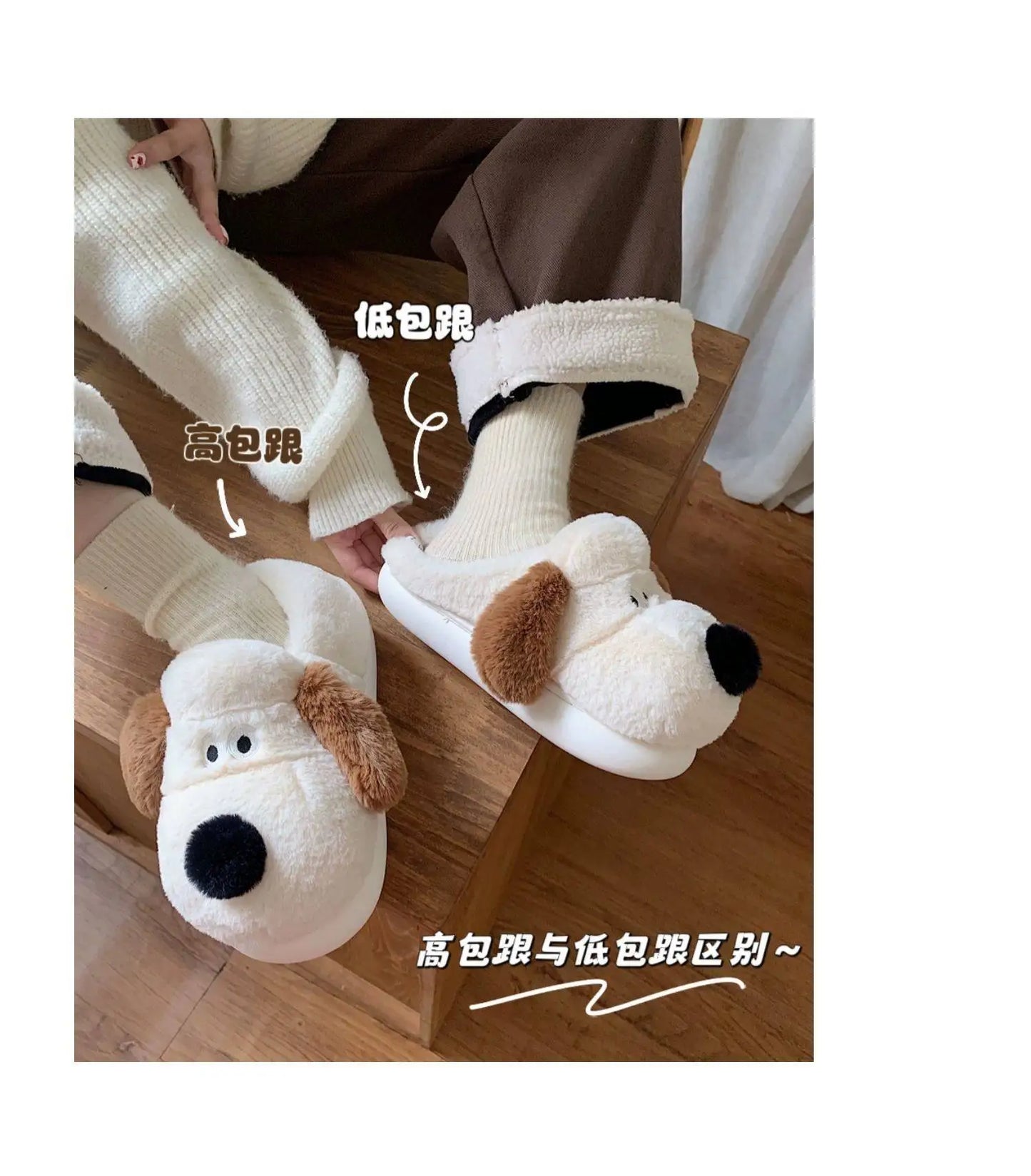 Women Home Soft Sole Cotton Slippers Cartoon Cute Dog Fluffy Slippers Female Winter Slides Ladies Plush Indoor Flats Flip Flops