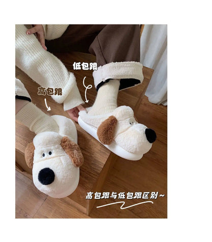 Women Home Soft Sole Cotton Slippers Cartoon Cute Dog Fluffy Slippers Female Winter Slides Ladies Plush Indoor Flats Flip Flops
