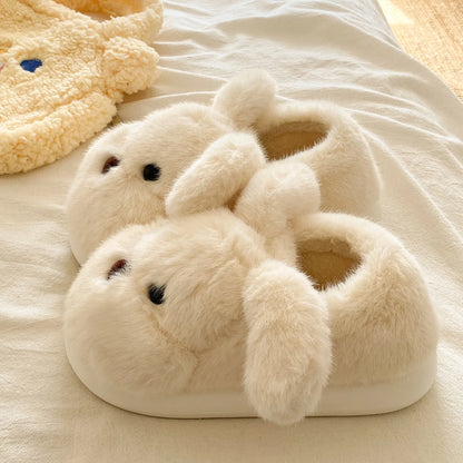 White fluffy dog slippers home cute animal girls flip flops woman home use floor mules warm winter plush puppy shoes