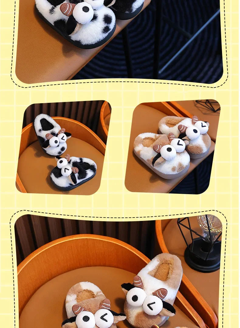 2024 New Style Children's Cotton Slippers Indoor Home Use Fall/Winter Anti-Slip Cute Little Cow Slippers Outer Wear PVC Material