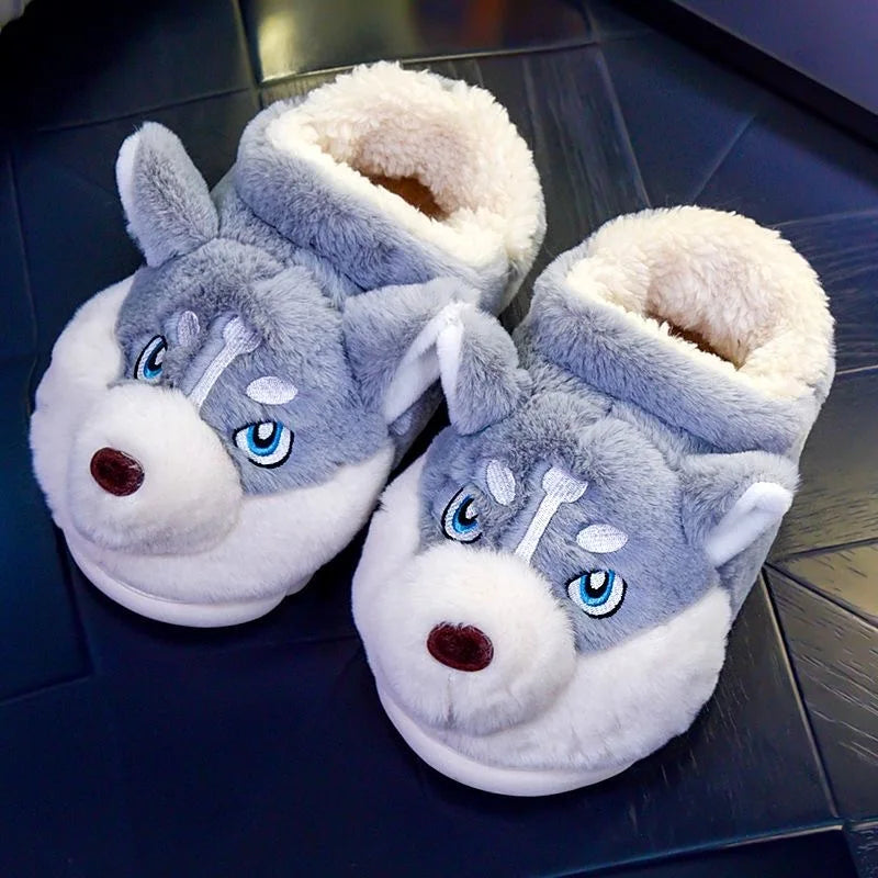 Men Indoor Cotton Slippers Cute Cartoon Dog Winter Warm Shoes Couples Home Floor Slides Anti-slip  Female Male House Footwear