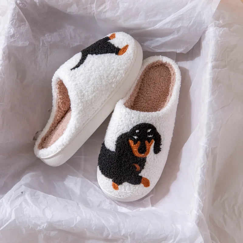 Pet Pattern Dachshund Embroidery Stuffed Home Thick Sole Plaid Furry Cotton Slippers Warm Non-slip Indoor Slippers Pet Mom Gift