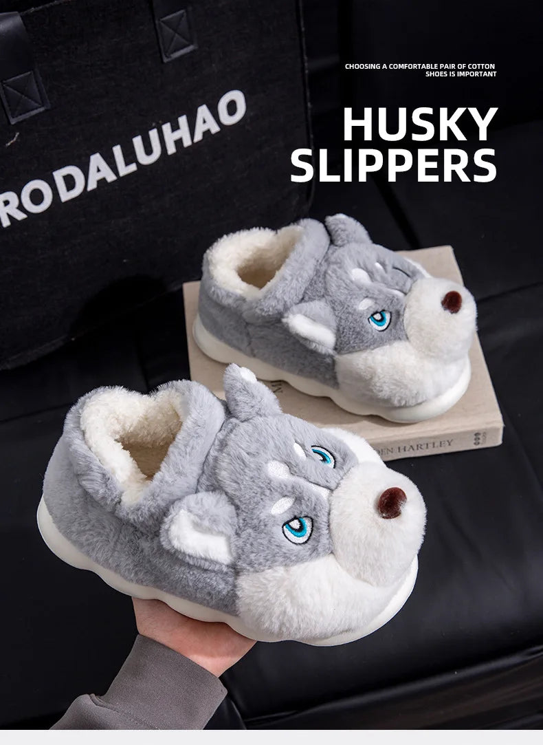 Men Home Cotton Slippers Cute Cartoon Dog Winter Warm Shoes For Couples Soft Plush Anti-slip Male Female Indoor Fluffy Slides