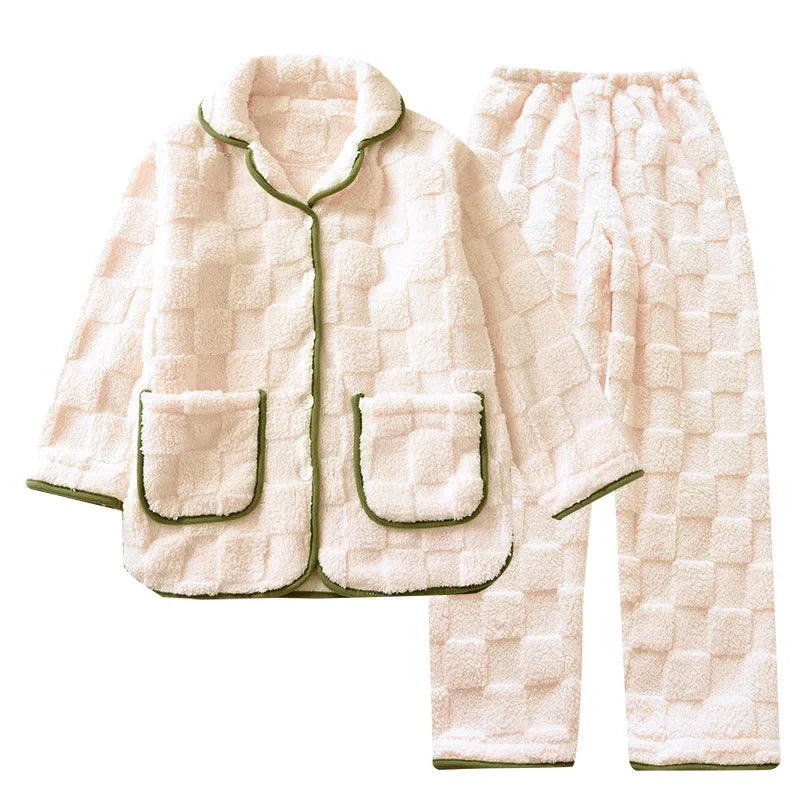 Thickened Flannel Sleepwear Long Sleeve Home Clothes Set for Couples Autumn Winter Warm Home Clothes Polyester Fiber